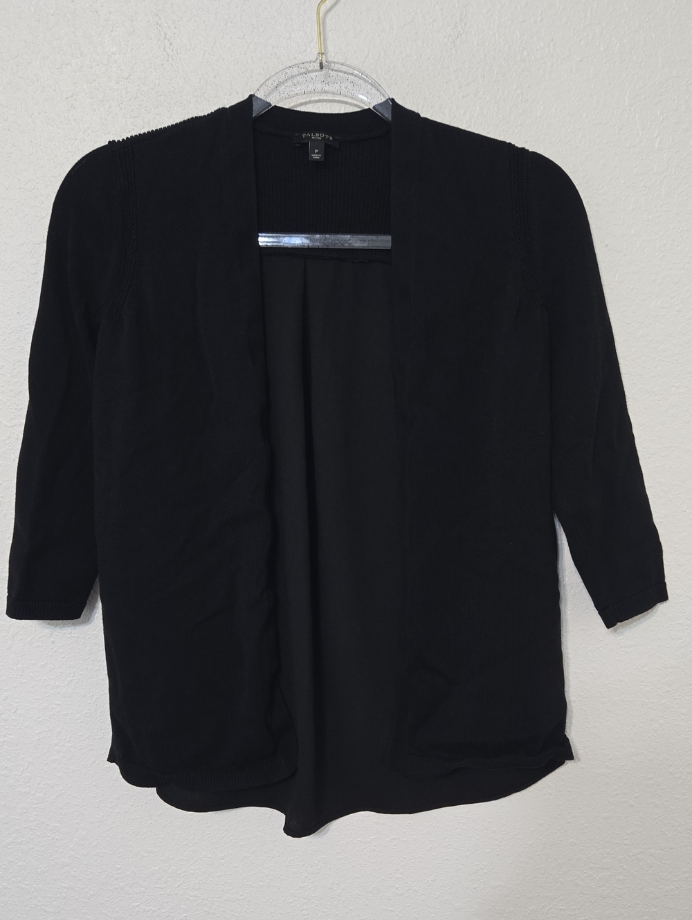 Talbots Black Open-Front 3/4 Sleeve Cardigan Sweater Classic Versatile, P (XS)